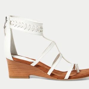 Lauren by Ralph Lauren Meira White Leather Strappy Zip Wedge Sandal 8 1/2 Summer